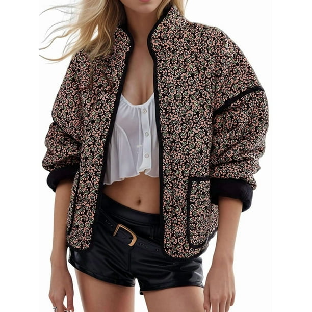 Chaqueta Acolchada Corta con Estampado Floral Vintage para Mujer, Chaqueta Corta Abierta Al Frente, Ropa de Abrigo Naranja y Negro L