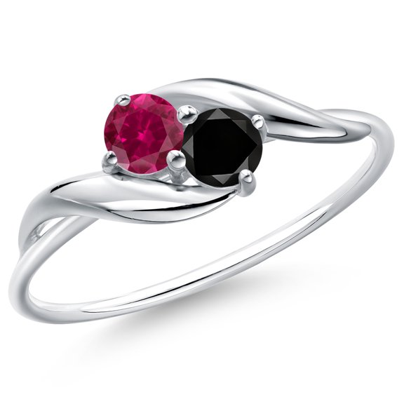 Gem Stone King 10K White Gold Round Red Created Ruby and Black Diamond Ring for Women (0.42 Cttw, Round 3.5MM, Gemstone July Birthstone, Size 6)