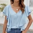 thumbnail image 2 of ibuvkizy Womens Summer Tops,Women's Fashion Ruffle Sleeve Cotton Linen Button Down Shirt 2025 Casual V-Neck Short Sleeve Solid Color Shirts Loose Work Tops with Pockets, 2 of 8