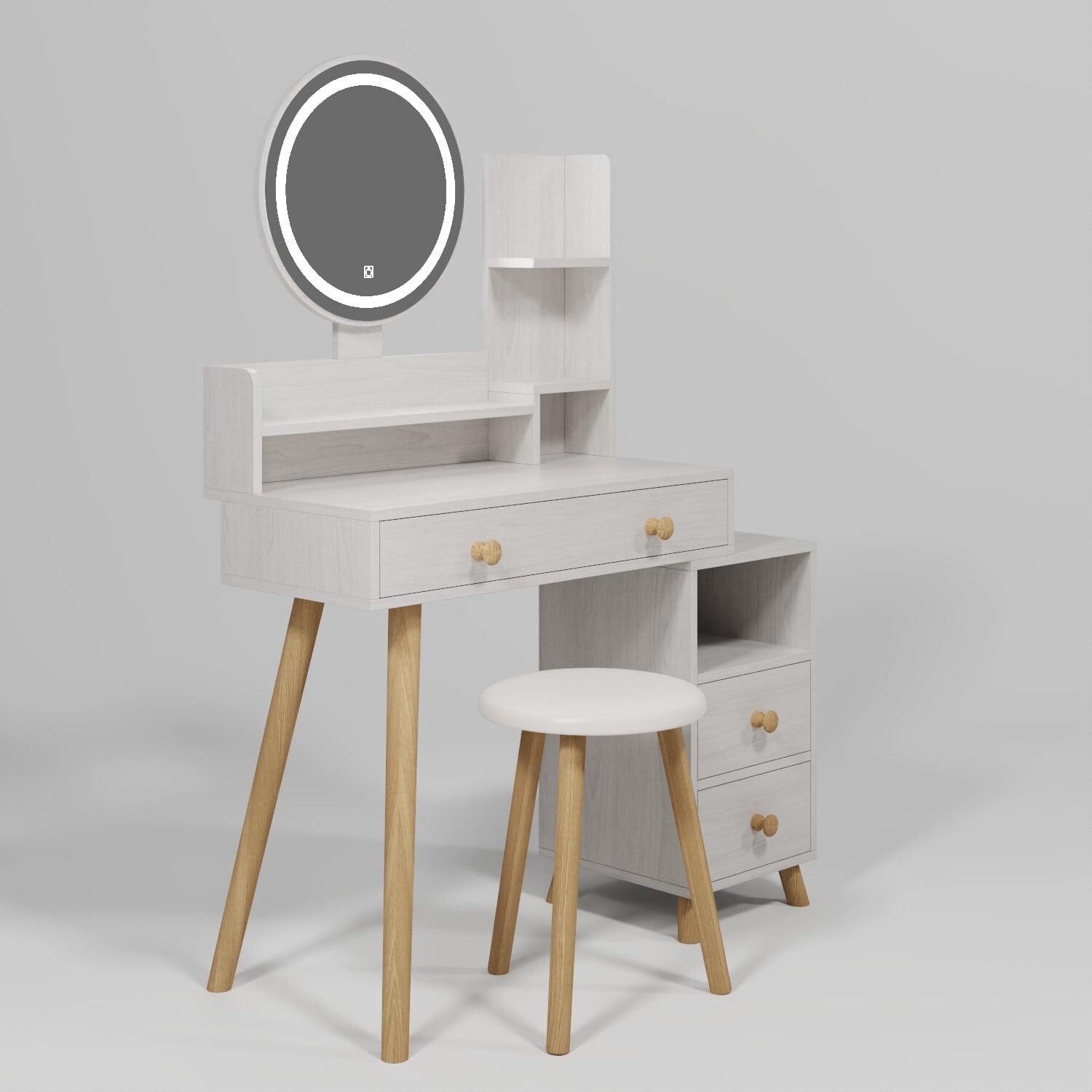 AENKYO Vanity Table Set with LED Mirror & Stool, Touch Control 3-Color Lighting, Multi-Layer Storage, Large Makeup Desk for Girls & Women - White