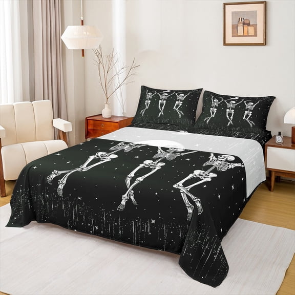 jejeloiu Vintage Skeleton Bed Sheets,Boho Bohemian Style King Sheets,White Black Sheet Set For Adults,Microfiber Bedroom Decor,4 Pieces