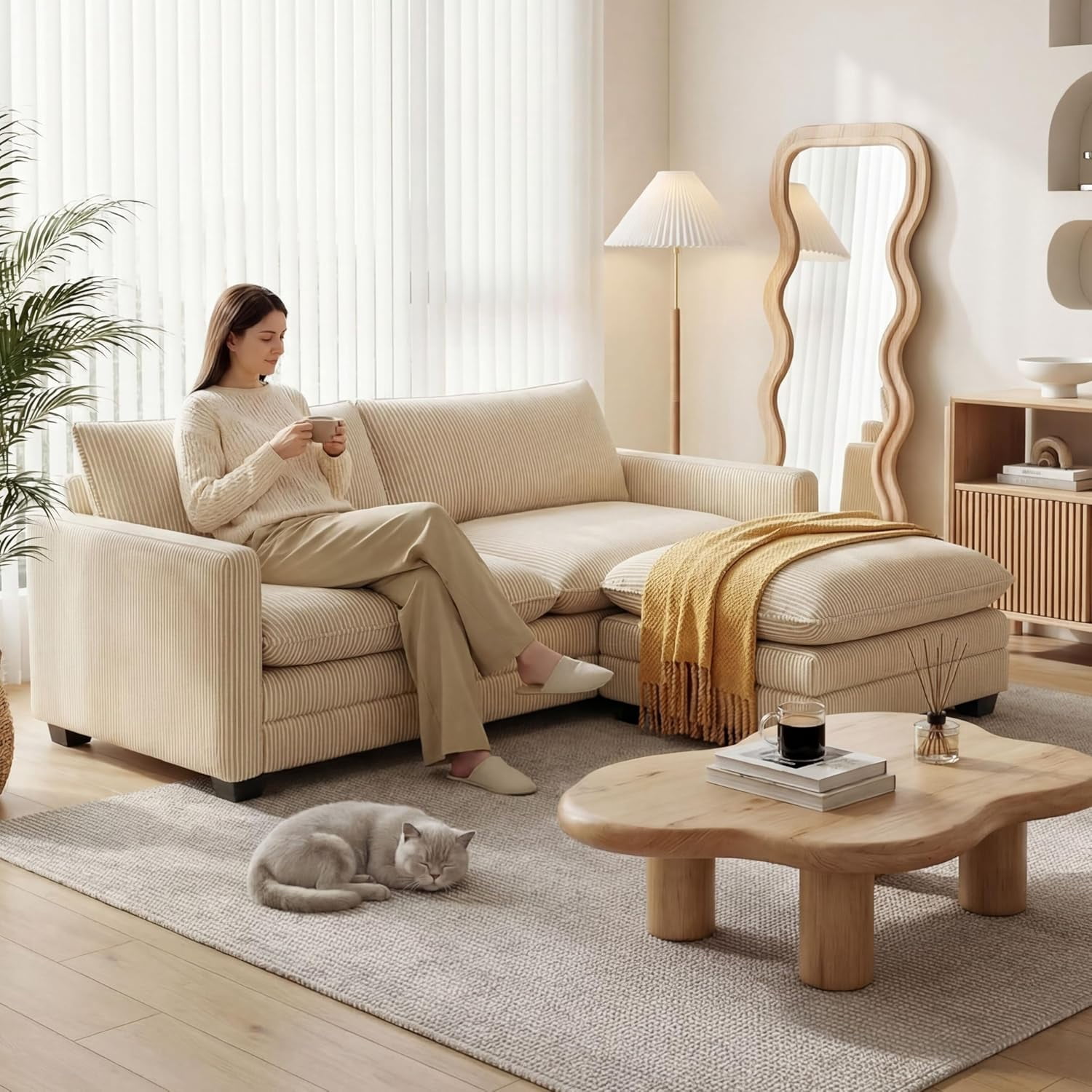 70'' Cloud Loveseat with Ottoman for Small Space, Noelse Comfy Small Sofas and Couches with Deep Seat and Pillows for Living Room and Bedroom, Corduroy Fabric, Beige