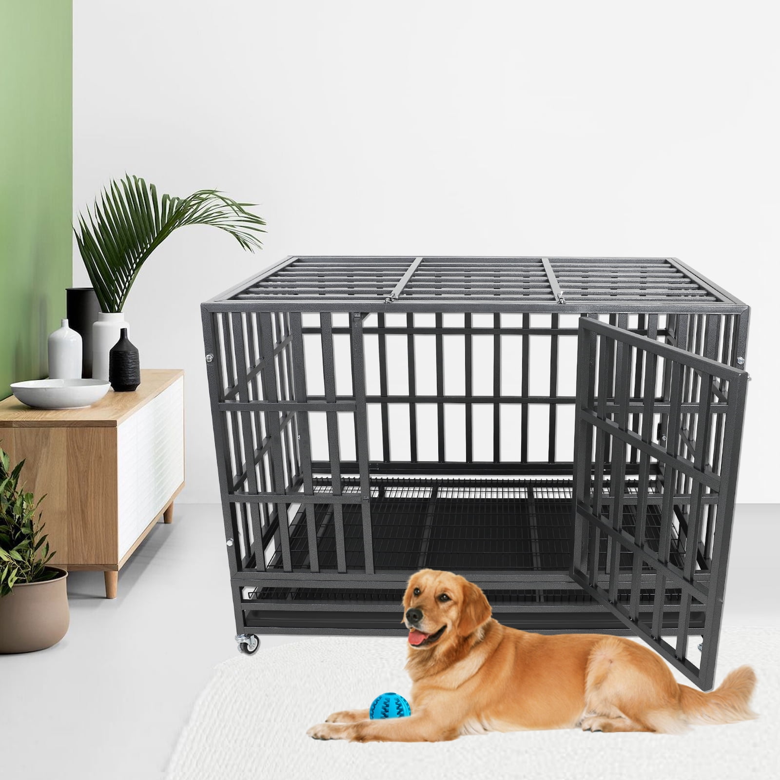 Confote 48 Inch Heavy Duty Dog Crate Metal Kennel, Pet Cage with Lockable Wheels, High Anxiety Double Door for Medium Large Dogs