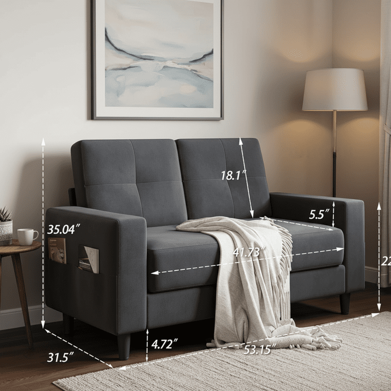 53" Loveseat Sofa - Comfortable Modern Design Couch for Small Spaces, Easy Assembly and Noise-Free, Dark Grey