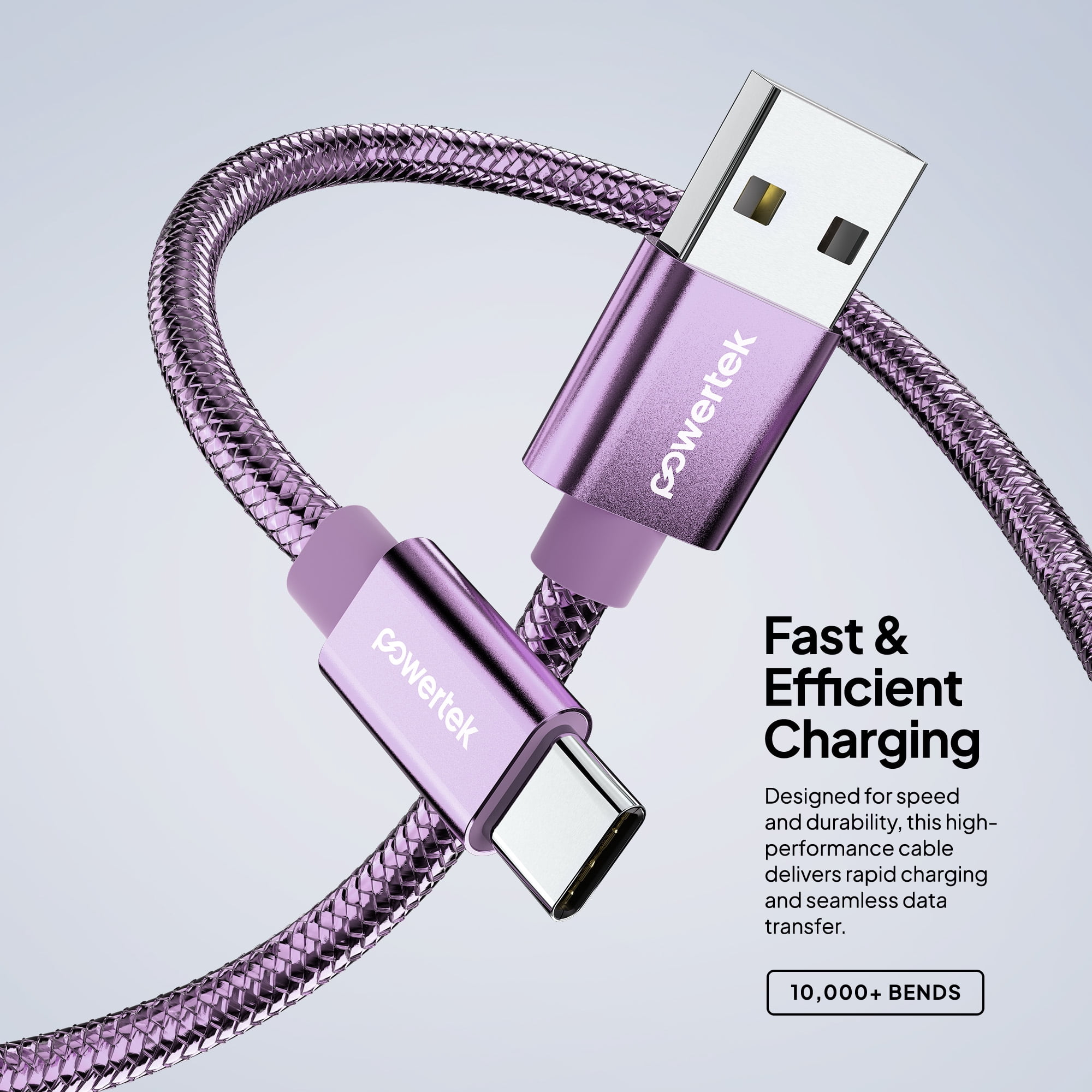 Powertek Luxe 6ft USB-A to USB-C Cable, Purple, Fast Charge & Sync, Metallic Mesh PVC Jacket, Durable Tangle-Free Design