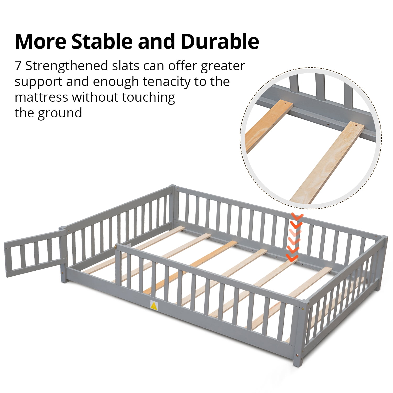 Full size Low Platform Bed with Full-length Guardrail and Door, Wood Floor Platform Bed with Slats Support for kids toddlers Bedroom, Mattress Not Included, Easy Assembly, Gray