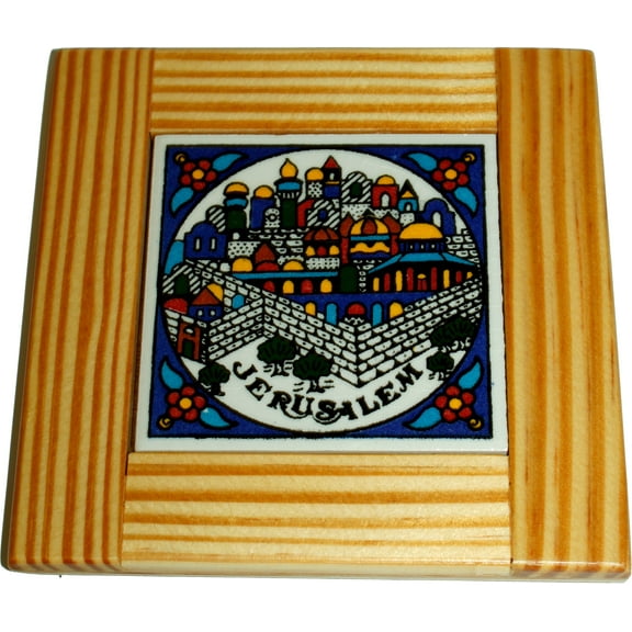 Jerusalem city walls and old city view Armenian ceramic Cup Coaster - Standard size (3 inches or 7.5cm in diameter) - Asfour Outlet Trademark
