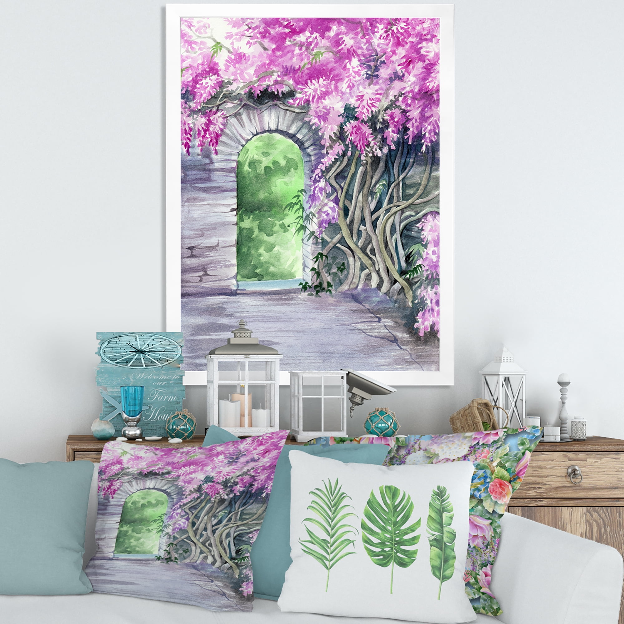 Designart 'Blossoming Purple Wisteria Garden Over The Wall' Traditional Framed Art Print