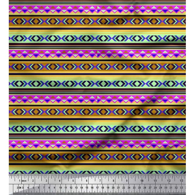 Soimoi Silk Fabric Aztec Geometric Print Fabric by the Yard 42 Inch Wide