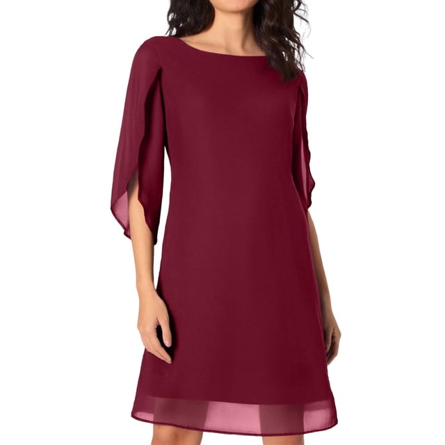 Vestido de gasa de manga 3/4 para mujer - Largo hasta la rodilla, cuello en V - Informal/Fiesta/Playa - Cremallera oculta - Tallas S-XXXL
