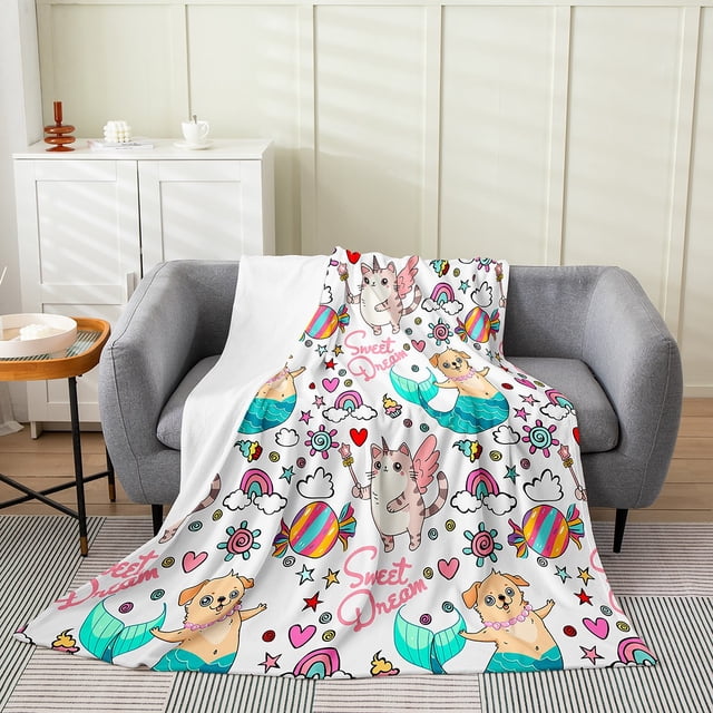 YST Unicorn Blanket Queen Inch Mermaid Throw Blanket For Kids Girls Cat Dog Rainbow Candy Sweet Fleece Blanket Pug Animal Heart Pattern Blue Pink Flannel Blanket