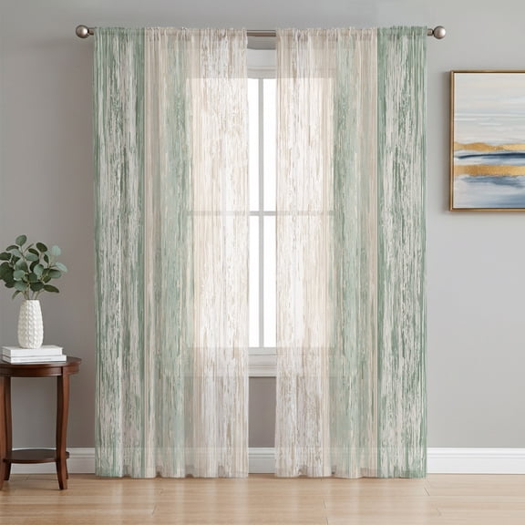 Mint Green Wooden Sheer Curtains 63 Inch Length 2 Panels Set, Farmhouse Brown Vintage Distressed Voile Window Treatment Rod Pocket Curtains Sheers Drapes for Bedroom/Living Room/Kitchen 52x"63"x2