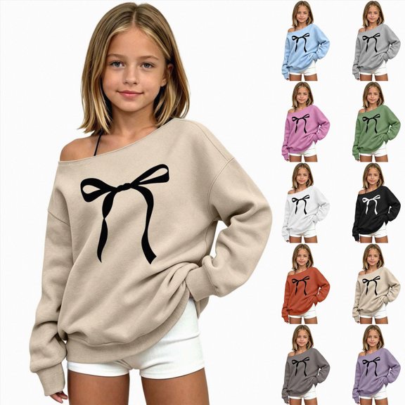 Nwiuh Cute Sweatshirts for Teen Girls Solid Lightweight Off The Shoulder Tops | Kids Girls Oversized Pullovers Long Sleeve Y2K Trendy Long Sleeve Loose Fit Tunic Tops (Black,9-10 Years)