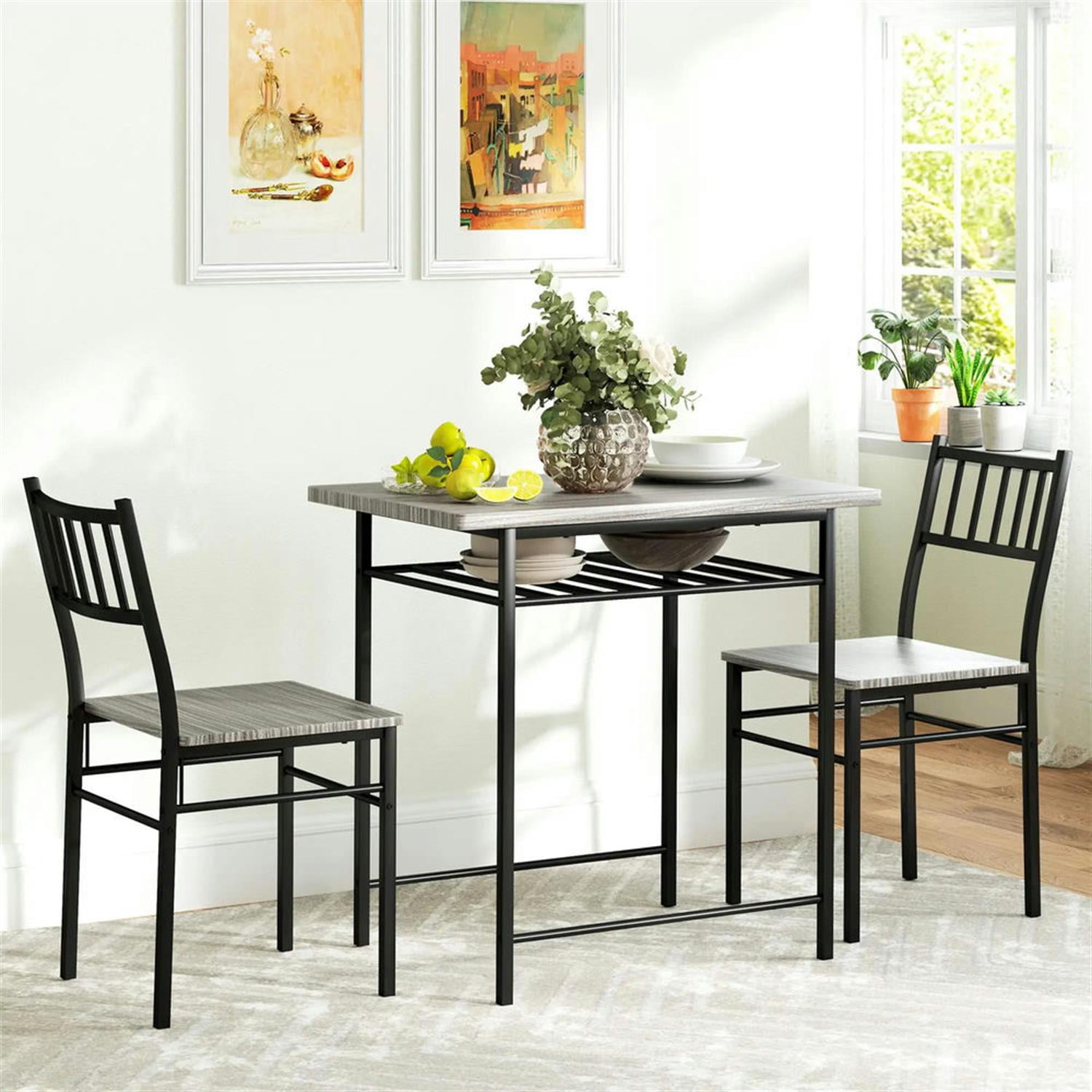 Demi Bonn 3 Piece Dining Table Set for Small Spaces with Storage Rack and Steel Frame, Kitchen Table and Chairs for 2 Dining Room Set with 2 Chairs, Gray