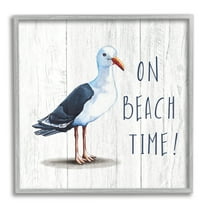 Stupell Industries On Beach Time Phrase Nautical Seagull Rustic Bird Graphic Art Gray Framed Art Print Wall Art, 12x12, by Elizabeth Tyndall