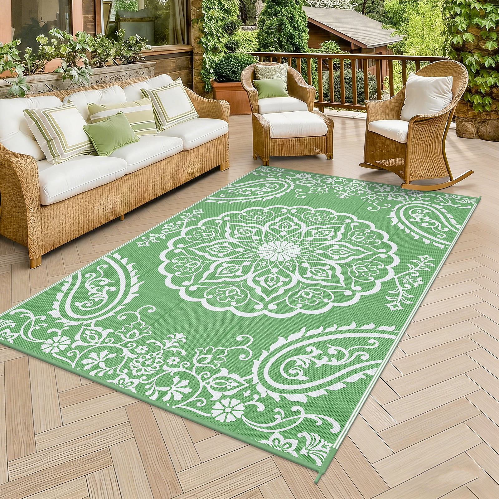 MeyJey 6'x9' Outdoor Rugs for Patio, Patio Rug Waterproof RV Mats, Plastic Straw Camping Area Rug for Indoor Porch Balcony Beach Mat, Green