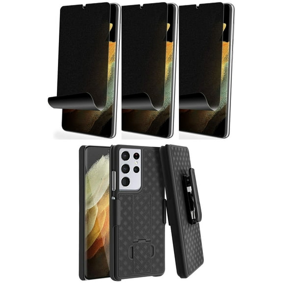 Belt Clip Case and 3 Pack Privacy Screen Protector for Samsung Galaxy S21 Ultra - Swivel Holster TPU Film Kickstand Cover Anti-Peep Anti-Spy
