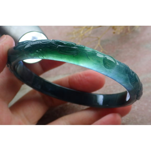 Certified Icy Green Burma 100% Natural A JADE Jadeite Dragon Phoenix Bangle Bracelet 61 mm 671606 TN
