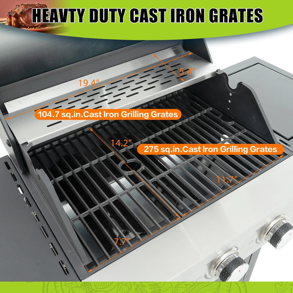 Kadyn Garden Grill with Side Burner and 37,000 BTU, Patio Backyard Barbecue Grill with 3 Burner for Outdoor Cooking, Patio, Black and Silver