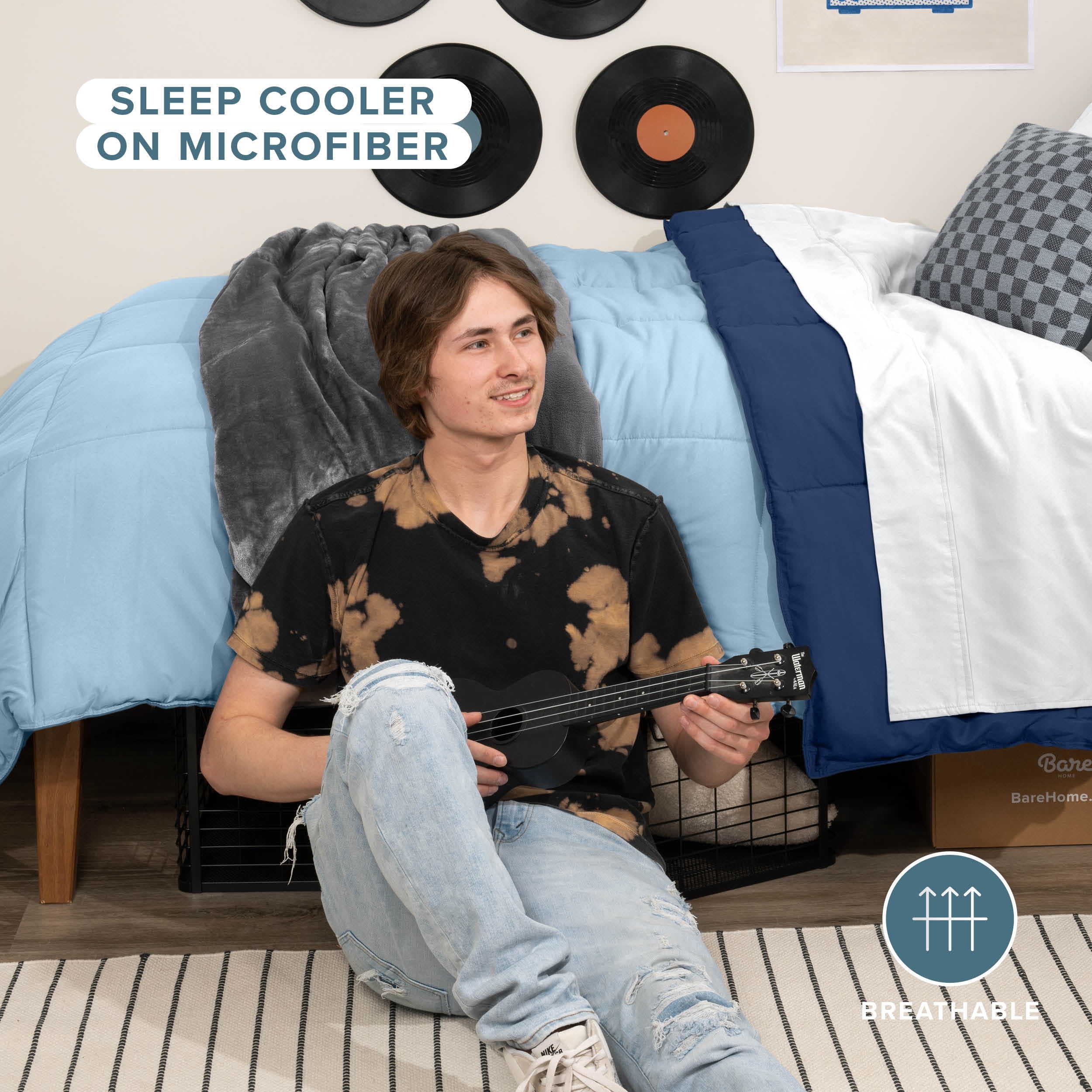 Bare Home 1800 Collection Reversible Down Alternative Comforter, All-Season, Twin/Twin-XL, Dark Blue/Light Blue