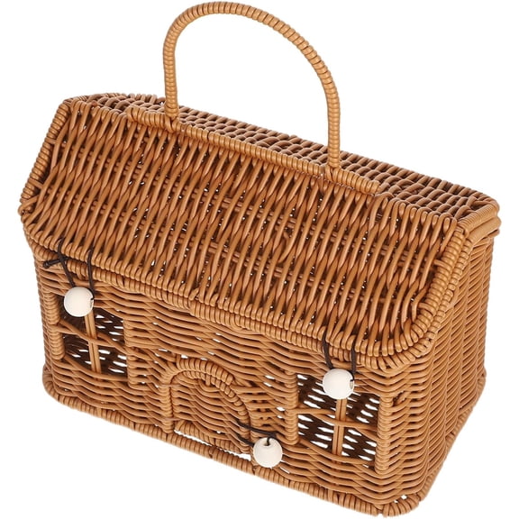 Rattan House Shaped Basket Handmade Picnic Basket With Lid Handle Vintage Decorative Hand Woven Shelf Organizer For Home Storage (Brown)