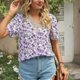 thumbnail image 2 of Blusa de encaje de guipur Top estampado estampado Casual ajustado manga corta escote en V Blusa de encaje de guipur para mujer, 2 of 8