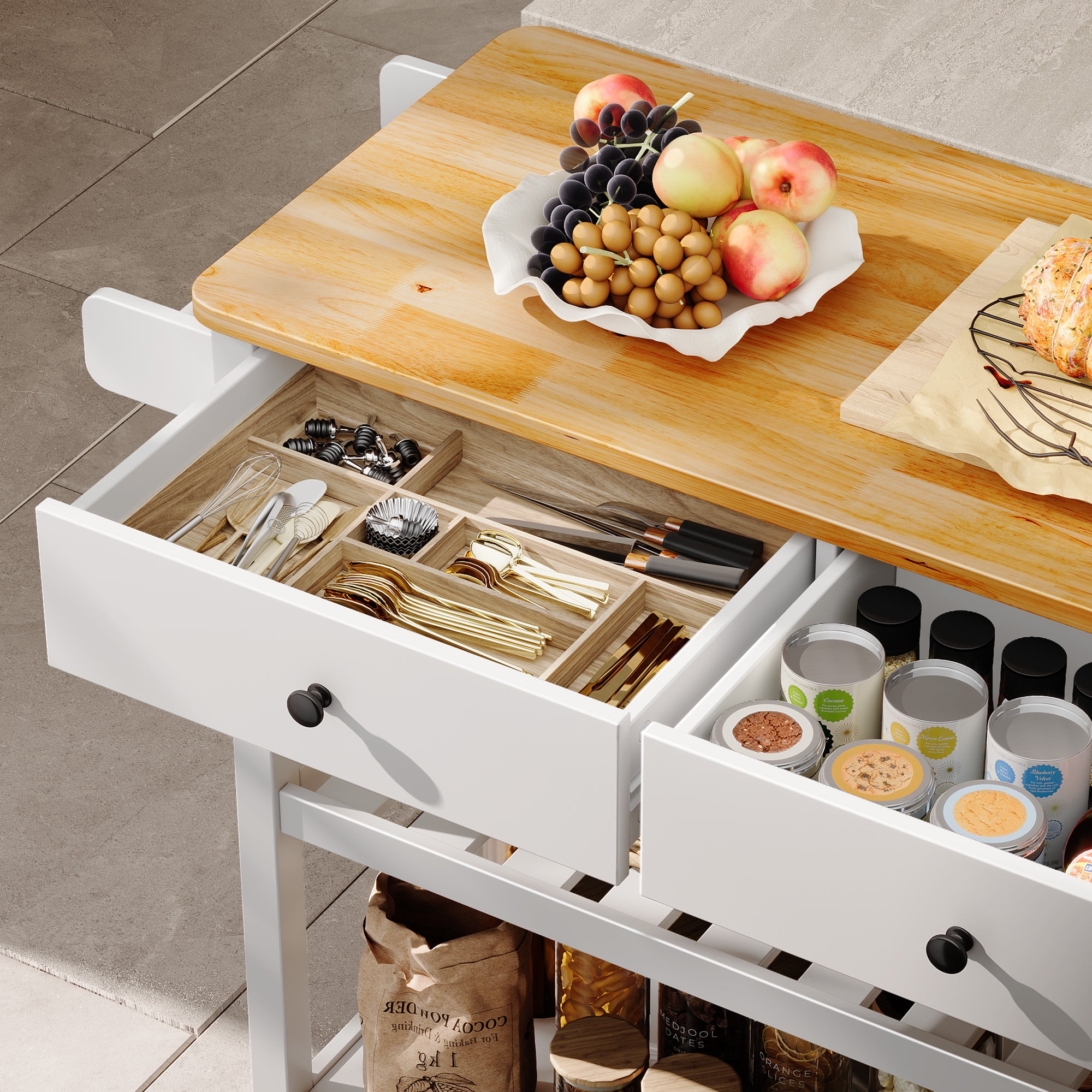 Asofer Kitchen Island Cart with 2-Level Open Storage Shelves, 2 Drawer, for Dining Room, bar, White