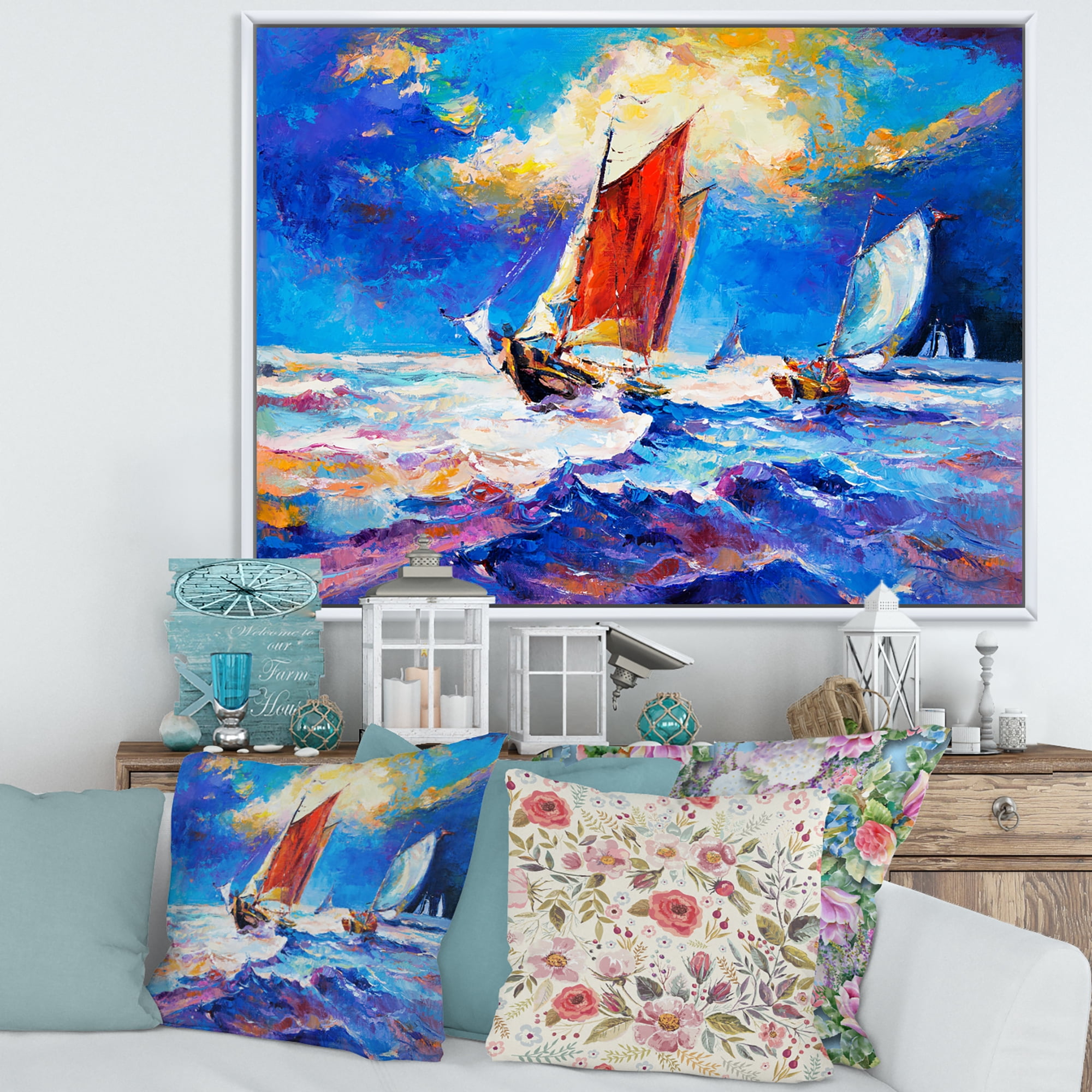 Designart 'Sailships On The Ocean Waves During Evening' Nautical & Coastal Framed Canvas Wall Art Print
