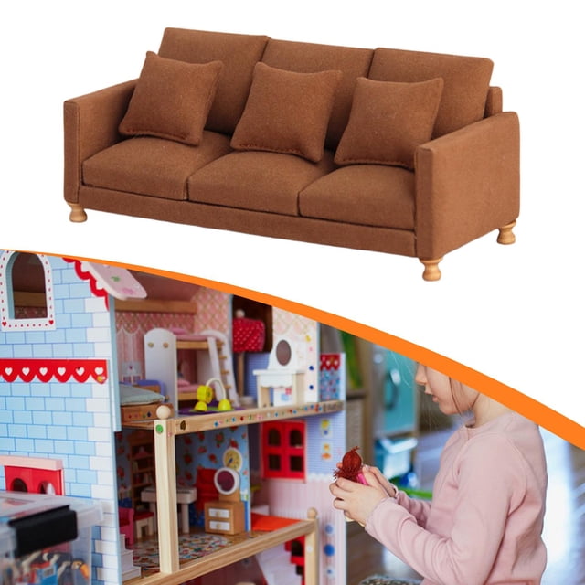 Sofá en miniatura para casa de muñecas, escala 1/12, moderno, clásico, realista, bricolaje, adorno de escena, minimuebles, juguete de simulación para Café oscuro