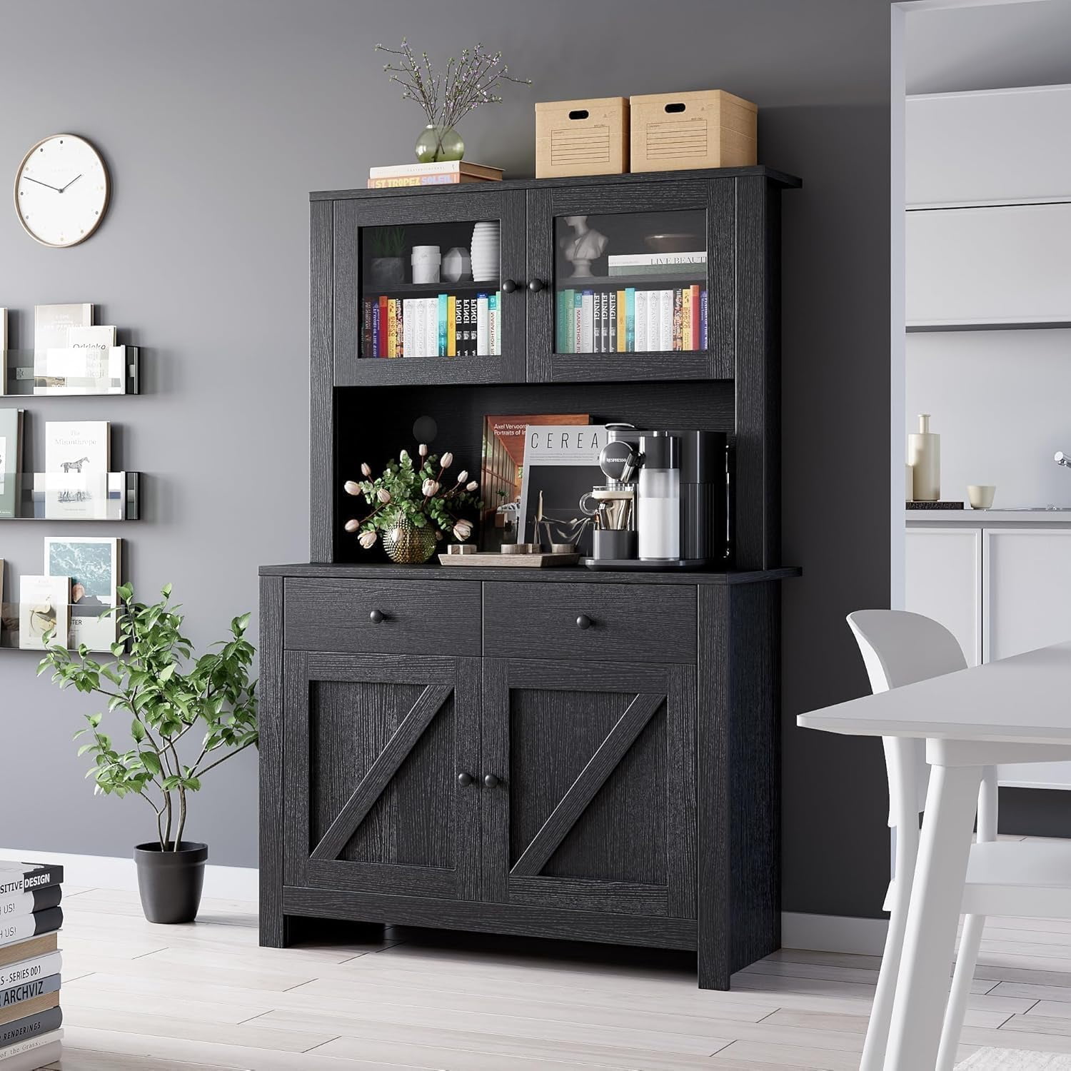 Kitchen Pantry Cabinet with Microwave Stand, Freestanding Hutch Cabinet with Buffet Cupboard, Tall Kitchen Cabinets with Adjustable Shelves for Dining Room, Black