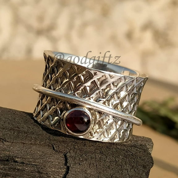 Red Garnet Spinner Ring: Handmade 925 Sterling Silver Anxiety Fidget Band