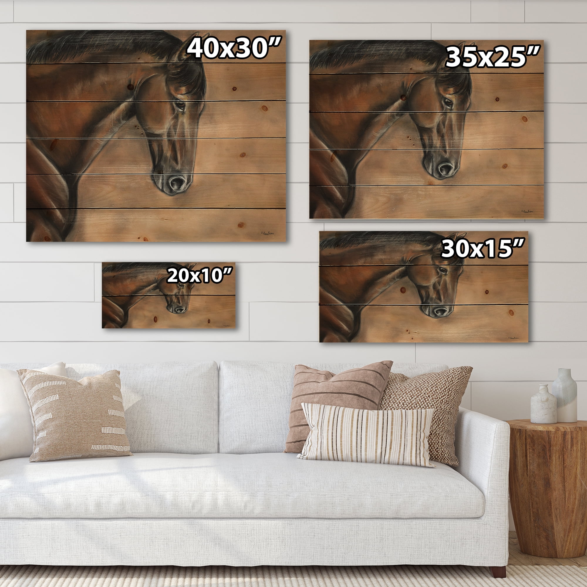 Designart 'Close Up Portrait Of A Brown Bay Horse' Farmhouse Print on Natural Pine Wood