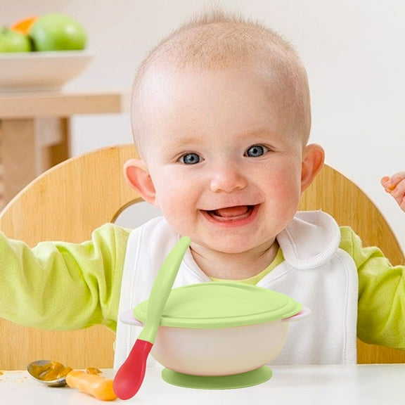 Vestitly Plastic Tableware For PartiesNon Slip Temperature Sensitive Binaural Sippy Bowl Baby Sippy Bowl With Lid With Soft Head Spoon Training Bowl