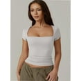 thumbnail image 2 of Women Square Neck Crop Top Short Sleeve T Shirts Slim Fitted Tops Cute Summer Basic Tees Trendy, 2 of 6