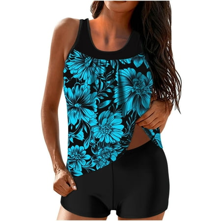 ZQGJB Tankini Swimsuits for Women Two Piece Bathing Suits Mesh Patchwork Scoop Neck Blouson Tank Top with Boyshorts Tummy Control Modest Swimsuits(Multicolor#14 M)