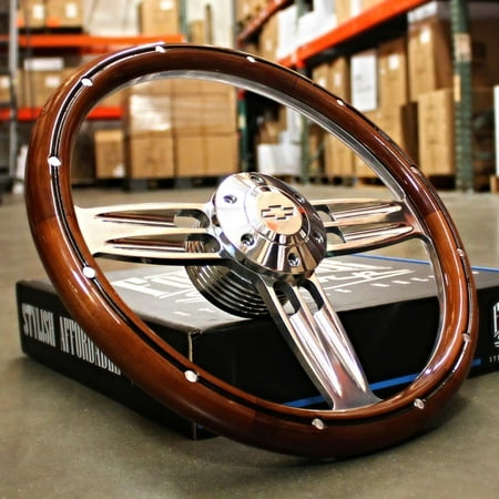 14" Inch Polished & Wood Steering Wheel Chevy Bowtie Horn , 6 Hole C10 Camaro"