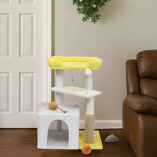 3-Tier Cat Tree Condo, Sisal Scratching Post/Board, Top Perch, Hanging Toy Ball, Stable Compact Design for Indoor Cats