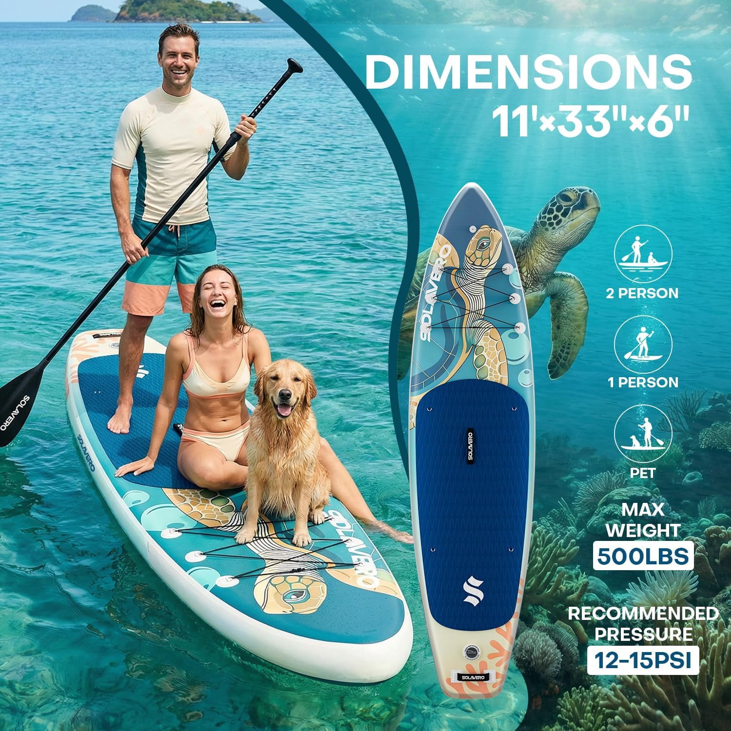 SOLAVERO Inflatable Stand Up Paddle Board with SUP Accessories, Anti-Slip EVA Deck, 11'×33" Blow Up Paddle Board Adults & Youth