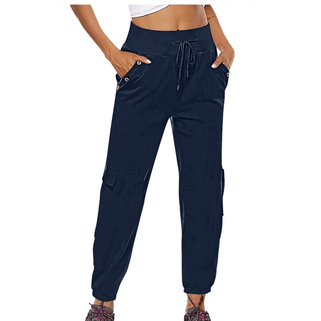 Joggers Pants Women High Waisted Cargo Pant with Pockets Button Drawstring Elastic Waist Polyester Athletic Sweatpants Casual Slim Leg Cropped Pants