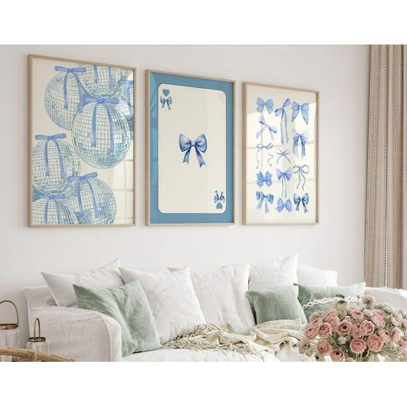 UNFFRAMED Blue Bows & Disco Ball Poster Set, Coquette Room Decor Set 3 Prints 8x12