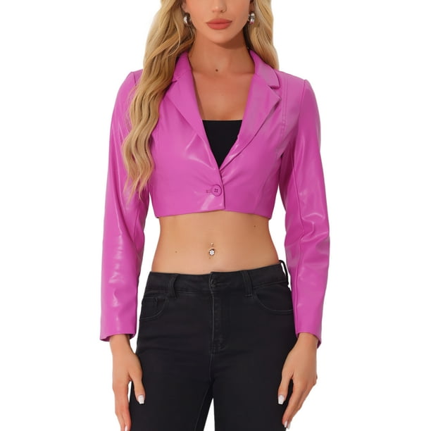 BLAZER CORTO DE CUERO SINTÉTICO INSPIRE CHIC PARA MUJERES, CON SOLAPA EN V, CIERRE DE UN SOLO BOTÓN, CHAQUETA DE MOTO PU L, ROSA FUCSIA