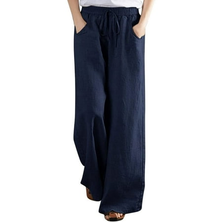 VEKDONE Cotton Linen Straight Trousers for Women High Waisted Drawstring Wid Leg Pants with Pockets Summer Loose Fit Palazzo Pant Solid Color Long Pants Pantalones Rectos Para Mujer