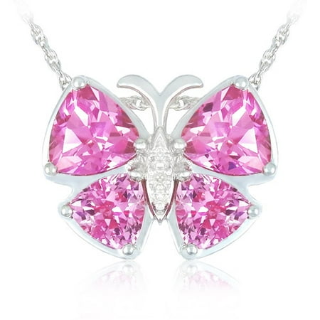 3.36 Carat T.G.W. Lab-Created Pink Sapphire and Diamond Accents in Sterling Silver Butterfly Pendant, 18"
