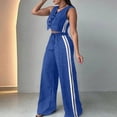 thumbnail image 2 of Women's 2 Pcs Outfits White Striped V Neck Button Blazer Vest Pants Tracksuit - Sleeveless Tops Wide Leg Trouser Pants Suits Casual Sets 2026 - Summer Trendy Vacation Lightweight Suit Blue M, 2 of 8