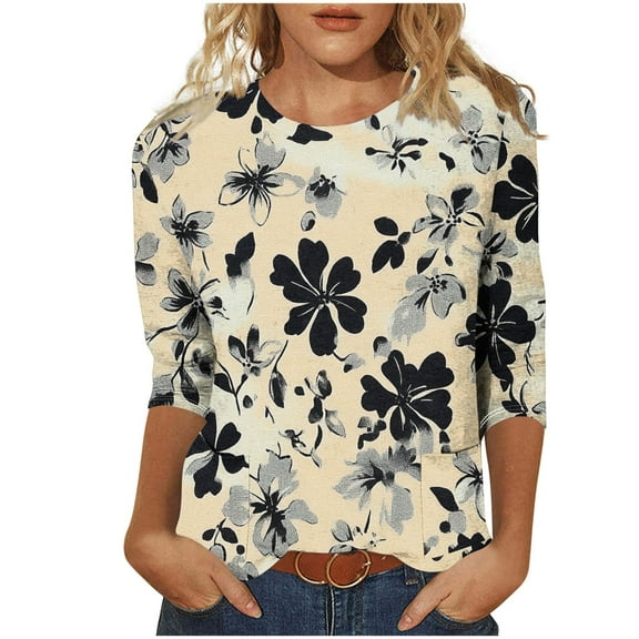 CYMMPU Tunic Tops 3/4 Sleeve Crew Neck Spring Tops Blouses for Women Dressy Casual Loose Fit Fall Fashion Shirts Flower Pattern Lightweight Basic T-Shirts Beige XL