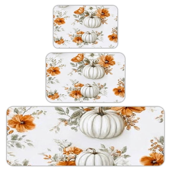 RKSupls Kitchen Rug Set 3 Piece Anti-Slip Flannel Floor Mats, White Pumpkin Floral Washable Absorbent Runner Mats for Kitchen Bathroom Home Decor
