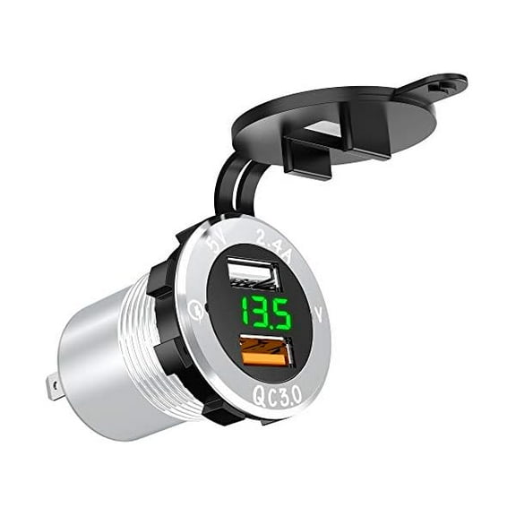 Upgraded Aluminum Alloy Quick Charge 3.0 USB Car Charger Socket & 2.4A USB Port IP66 Waterproof Dual USB Power Outlet with Voltmeter for Car Boat Marine Rv Motorcycle(Silver-Green)