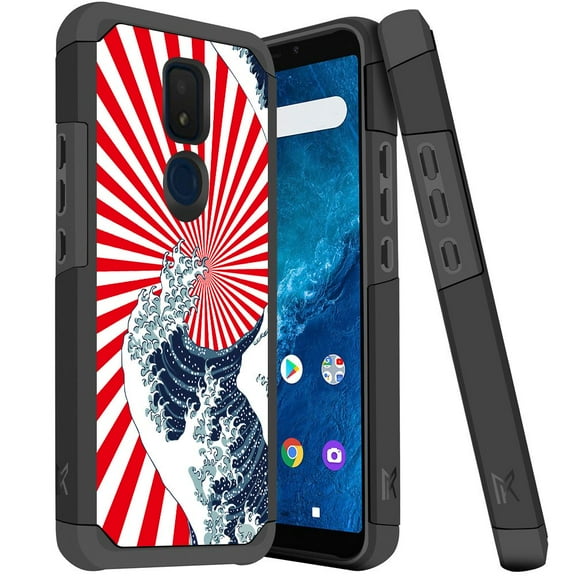 ANJ  Slim Dual Layer Hybrid Shockproof Case   Tempered Glass Cover for Cricket Icon 3, Splendor, AT&T Motivate 2 - Great Tsunami Wave