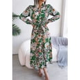 thumbnail image 4 of Botanical Print Collar Neck Front Button Down Long Sleeves Belted Waist Dress Green X-Large, 4 of 5
