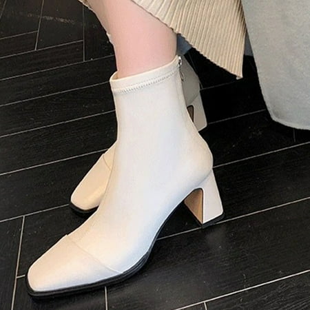 

Tawop Womens Casual Shoes High Heel Boot Zipper Soft Chunky Heel Squares Toe Boot Rubber White 35(Us:4.5)